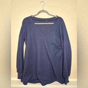 Women's Oversized V-Neck Waffle Knit Pullover Sweatshirt - Blue